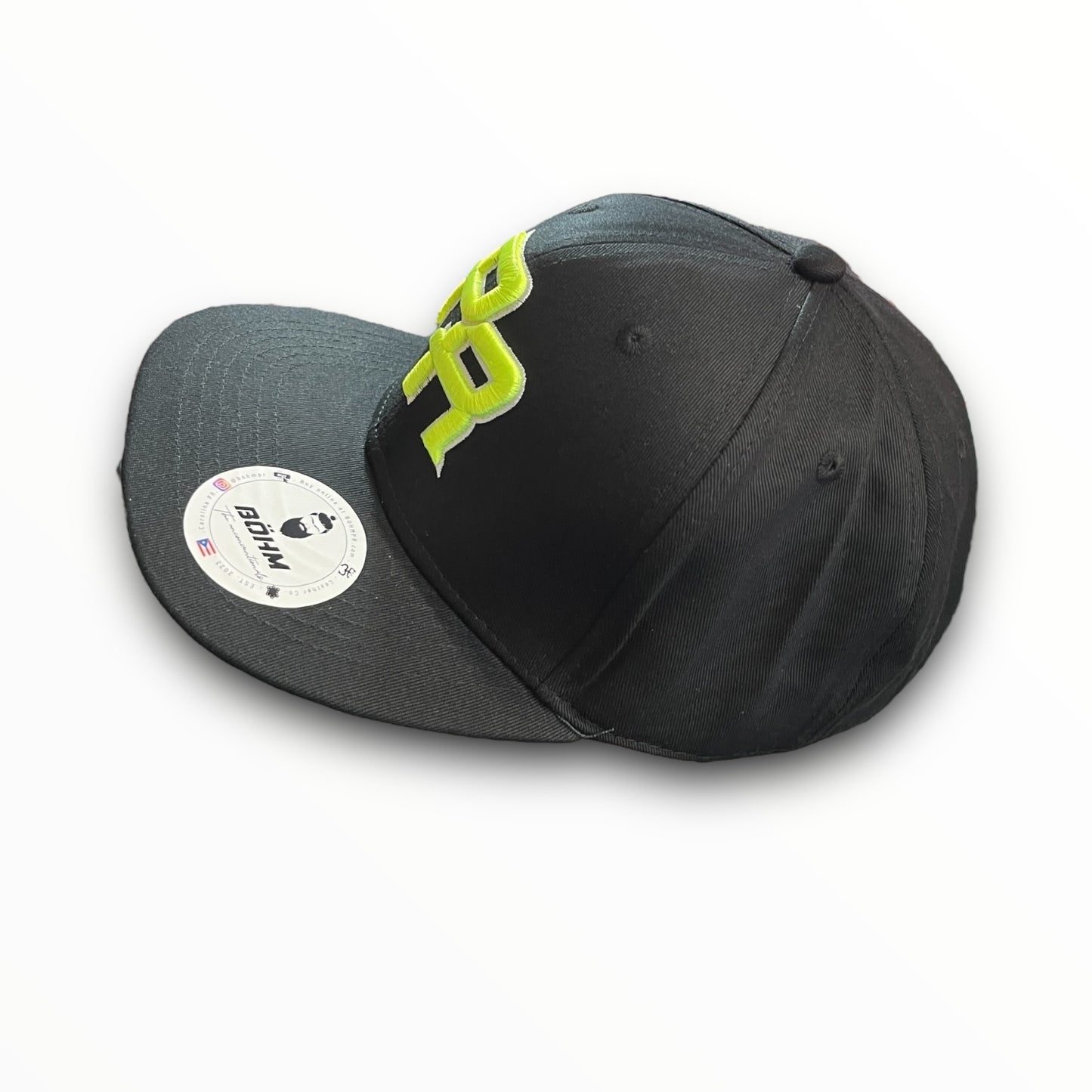 Neon Green Crispy PR Logo on Black Baseball Cap with Puerto Rican Flag on the Back