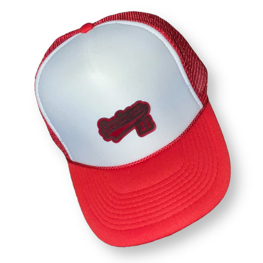 Red and White Trucker Cap with Santurce 21 Patch Puerto Rico