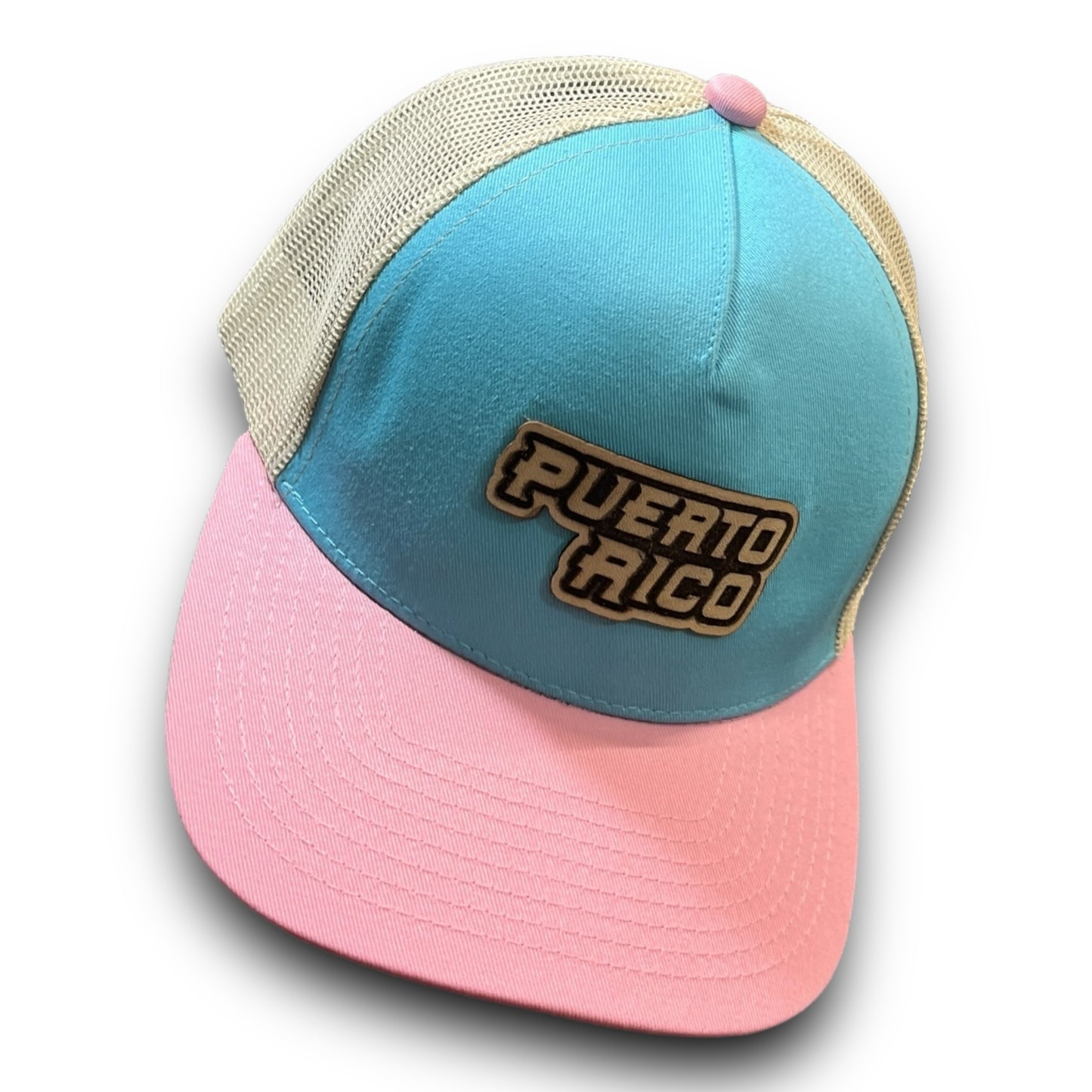 Baby Blue Cap with Beige Mesh and Pink Visor, PUERTO RICO Leather Patch