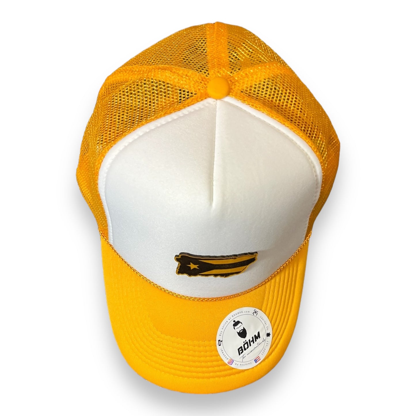 Yellow and White Trucker Cap with Puerto Rico Island Shape and Flag Patch