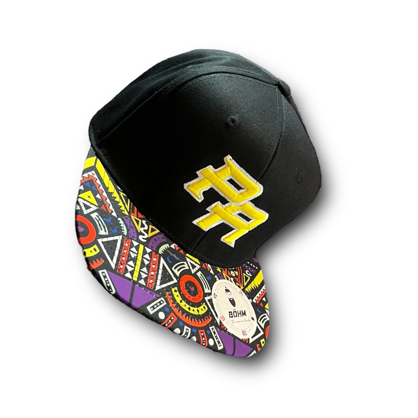 Yellow Crispy PR Logo on Black Cap with Colorful Geometric Pattern Visor, and Puerto Rico Flag