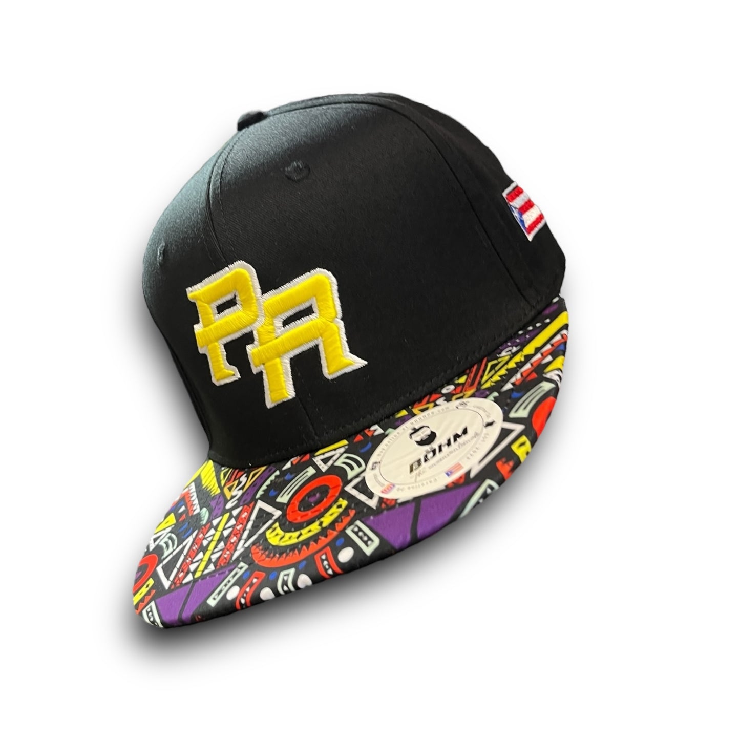 Yellow Crispy PR Logo on Black Cap with Colorful Geometric Pattern Visor, and Puerto Rico Flag