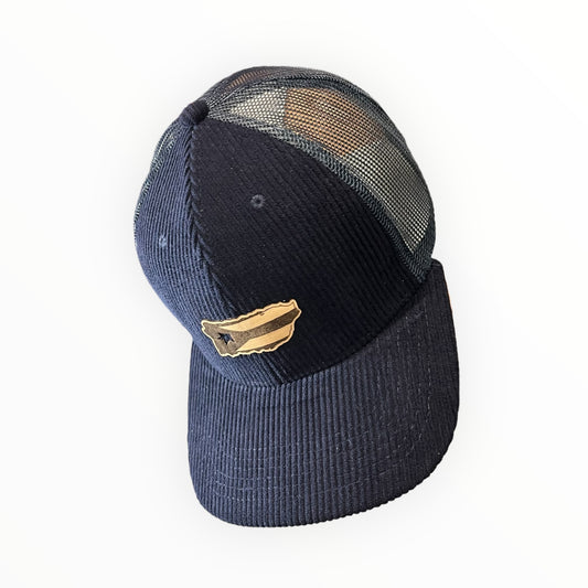 Navy Blue Corduroy and Mesh Cap with Puerto Rico Island Flag Leather Patch