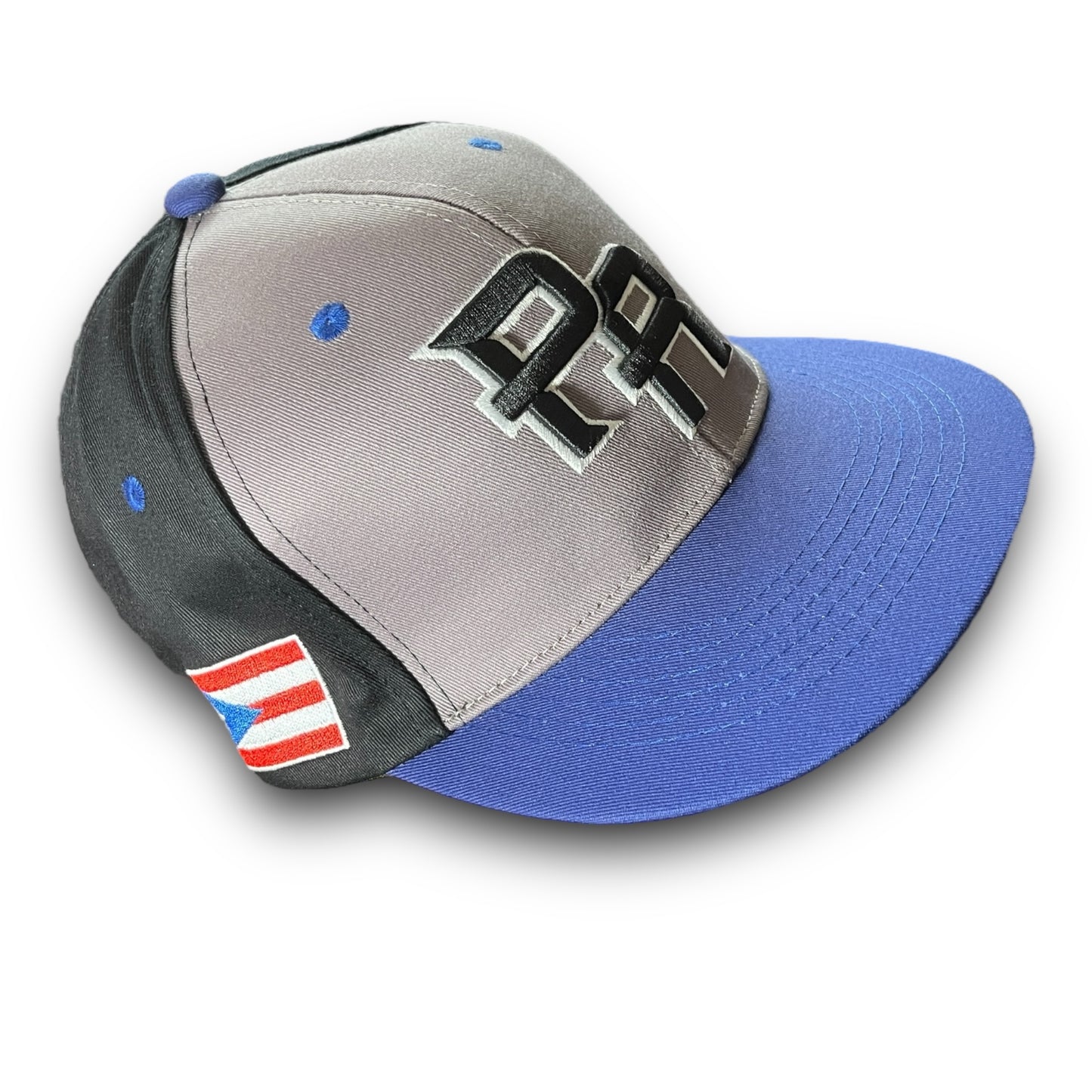 Gray and Black Cap with Blue Visor, PR Logo, and Colorful Puerto Rico Flag