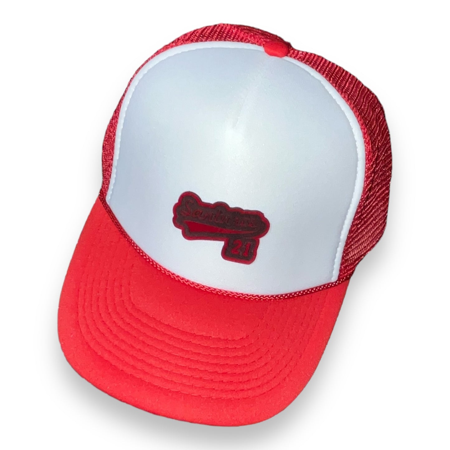 Red and White Trucker Cap with Santurce 21 Patch Puerto Rico