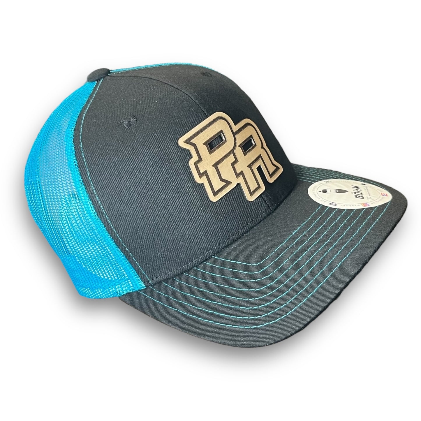 Neon Blue and Black Trucker Baseball Hat with Puerto Rico Leather Patch