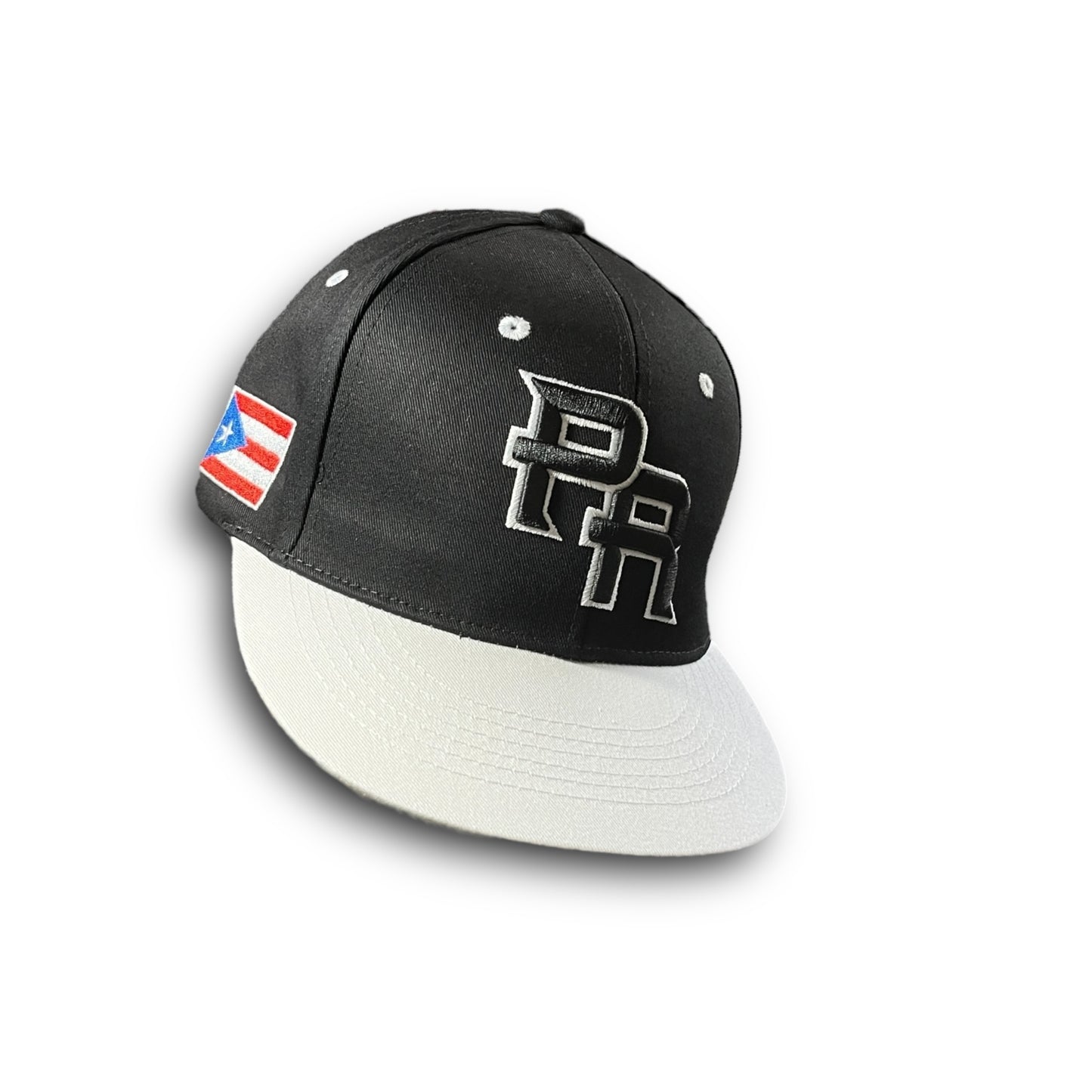 Black Cap with White Visor, Crispy Black PR Logo, and Puerto Rican Flag