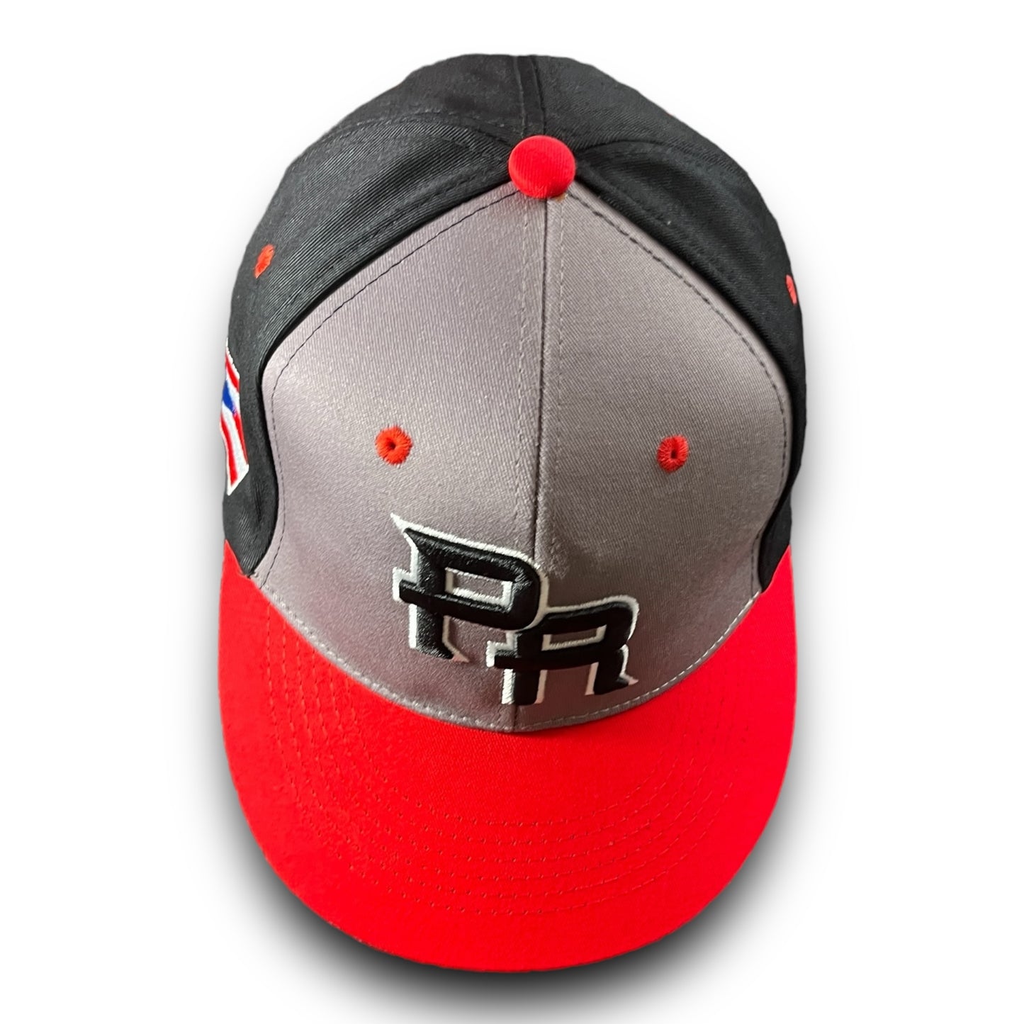 Gray and Black Cap with Red Visor, Crispy Black PR Logo, and Puerto Rico Flag