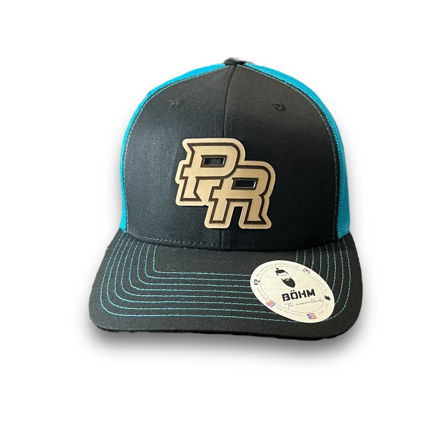 Neon Blue and Black Trucker Baseball Hat with Puerto Rico Leather Patch