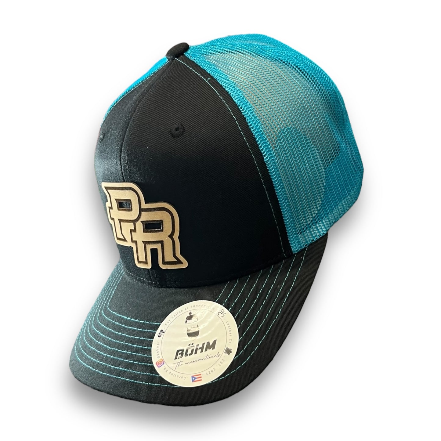 Neon Blue and Black Trucker Baseball Hat with Puerto Rico Leather Patch