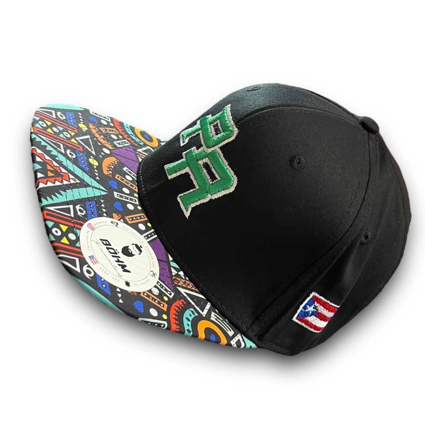 Green Crispy PR Logo on Black Cap with Colorful Geometric Pattern Visor, and Puerto Rico Flag