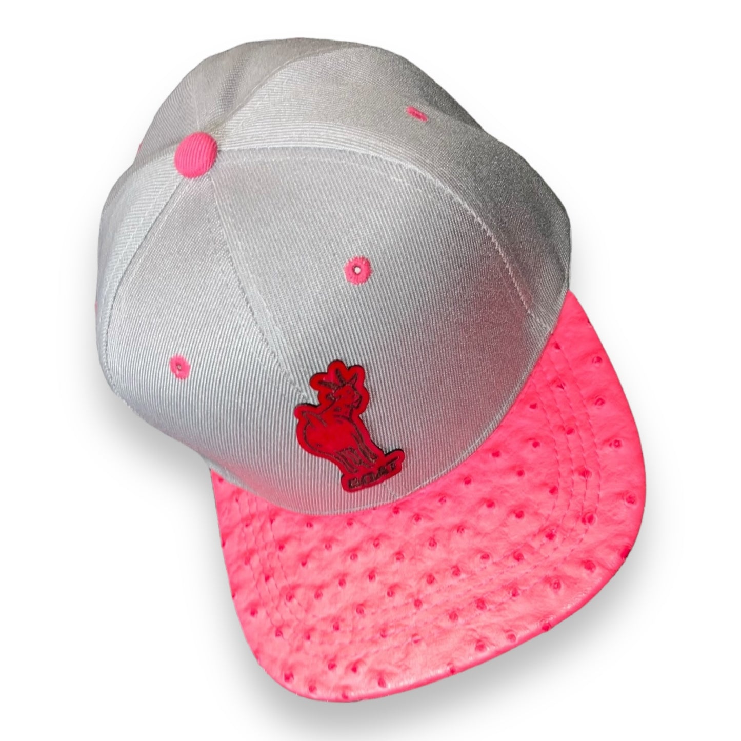 Gray Cap with Pink Ostrich Leather Visor and G.O.A.T. Leather Patch