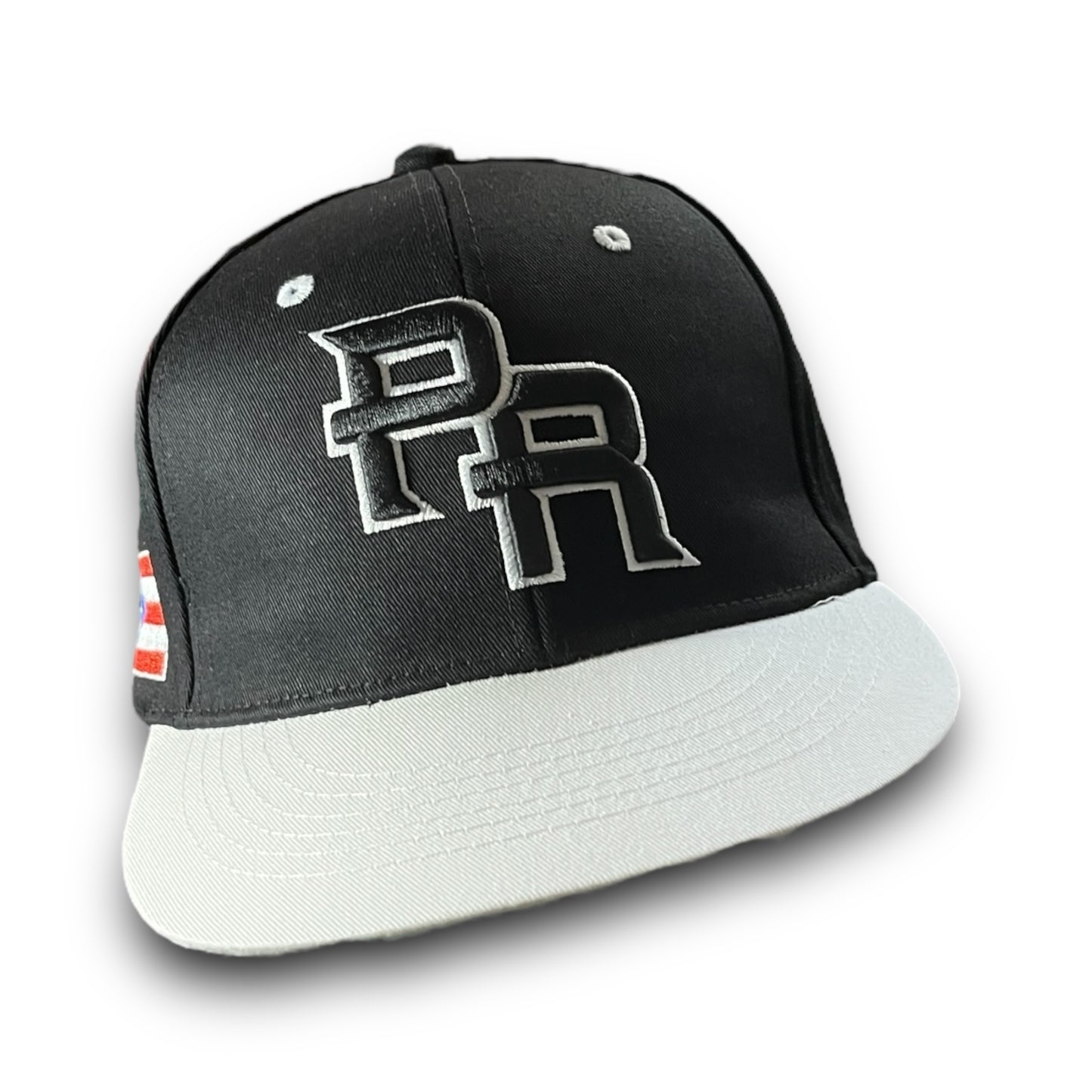 Black Cap with White Visor, Crispy Black PR Logo, and Puerto Rican Flag