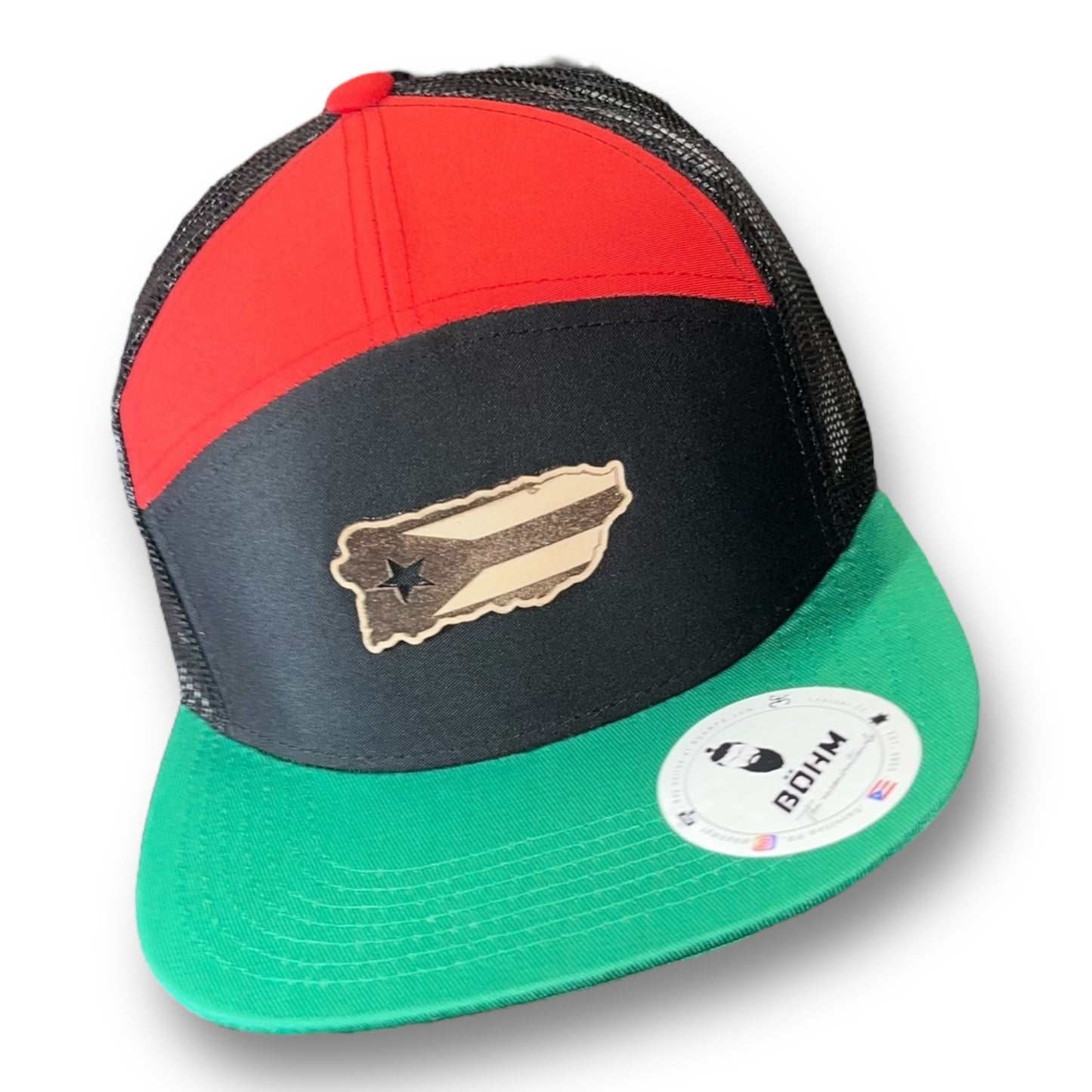 7 Panel Cap with Green Visor and Puerto Rico Island Shape Leather Patch