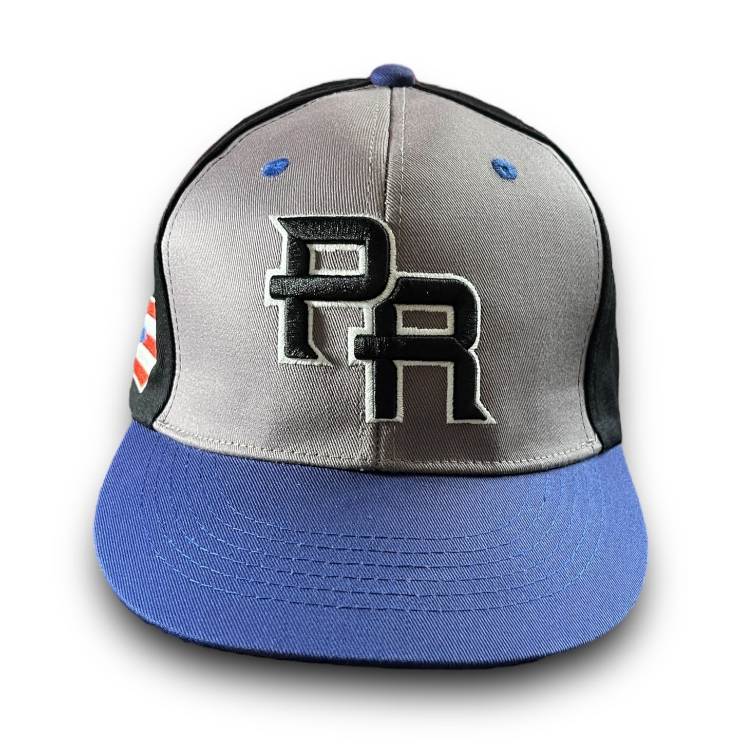 Gray and Black Cap with Blue Visor, PR Logo, and Colorful Puerto Rico Flag