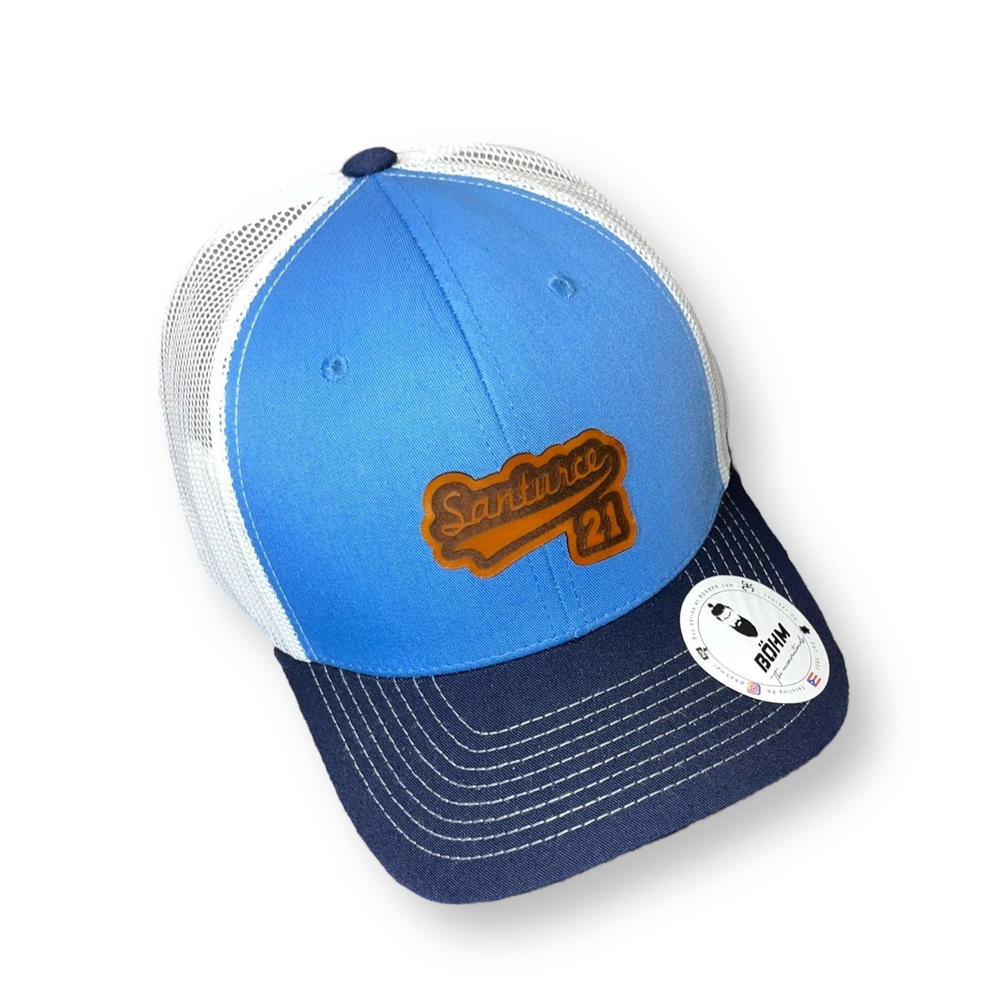 White and Light Blue Trucker Cap with Navy Blue Visor and Saddle Tan Leather Patch, "Santurce PR" and "21 Clemente" Puerto Rico