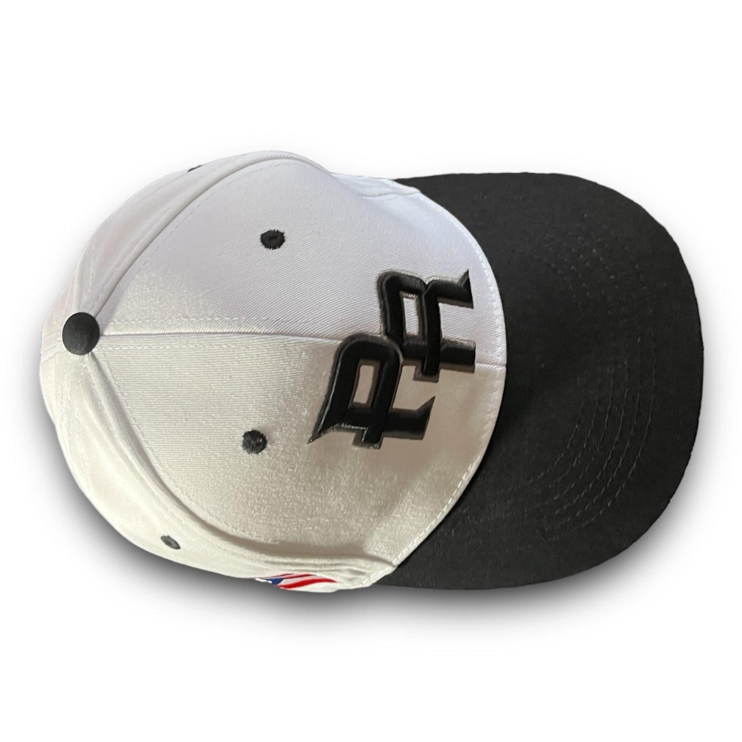 White Cap with Black Visor, Crispy Black PR Logo, and Puerto Rico Flag