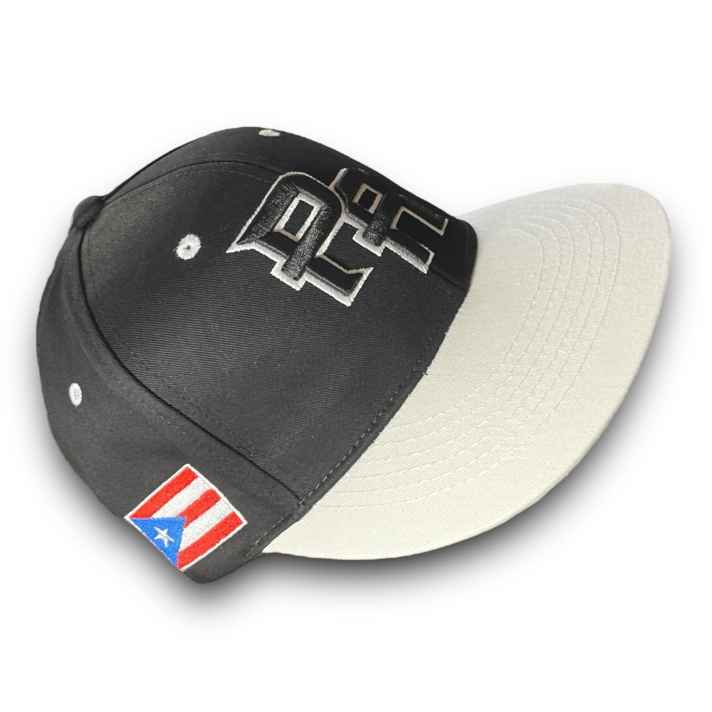 Black Cap with White Visor, Crispy Black PR Logo, and Puerto Rican Flag