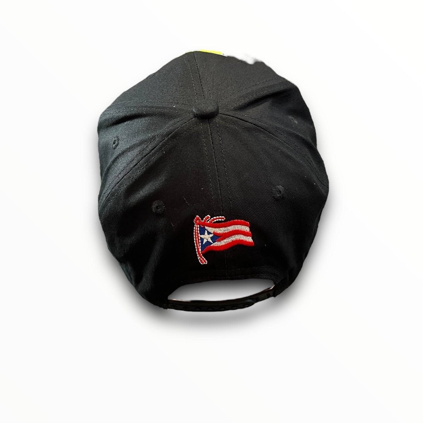 Neon Green Crispy PR Logo on Black Baseball Cap with Puerto Rican Flag on the Back