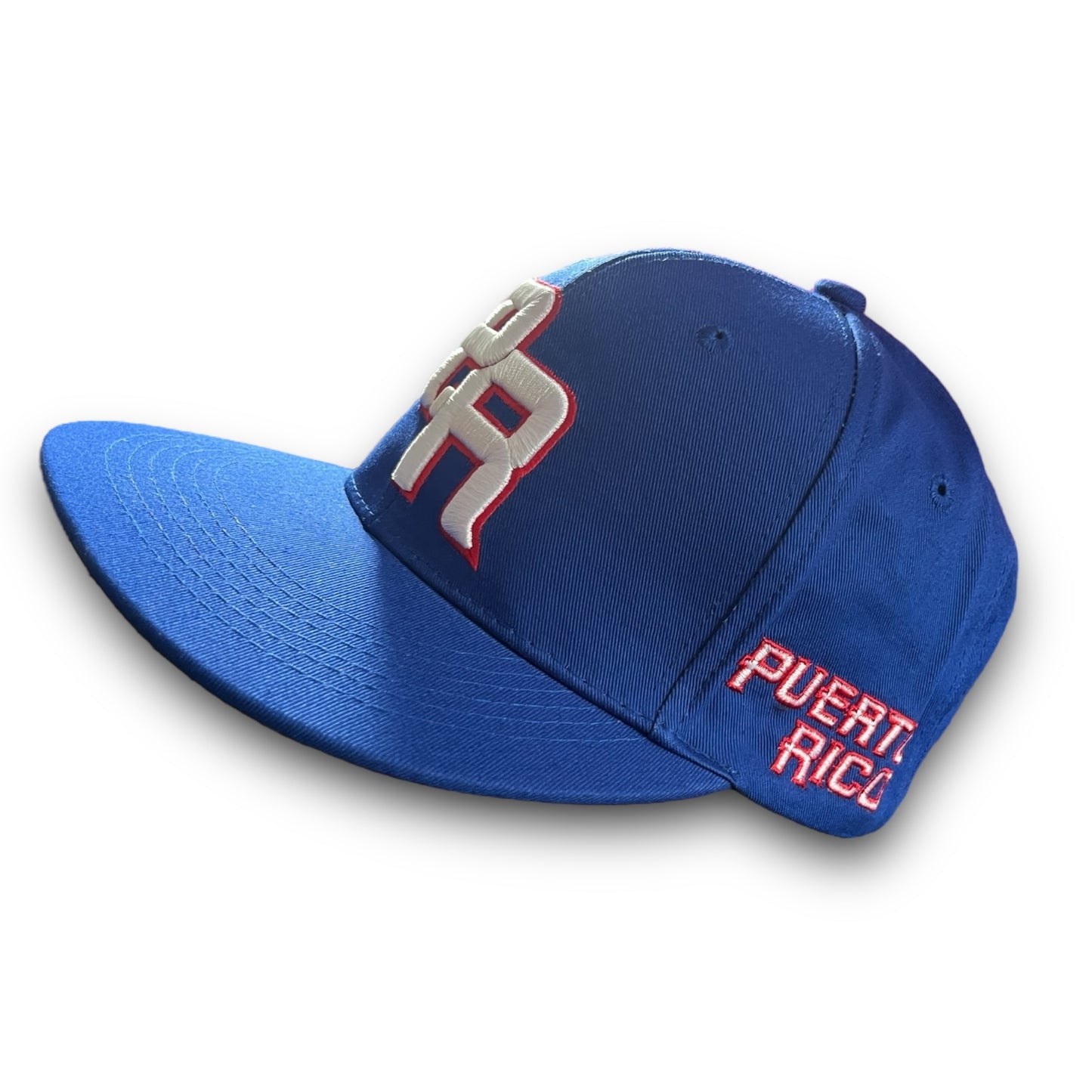 Blue Baseball Cap with Crispy White and Red PR Logo and Puerto Rico on the side Flag on Back