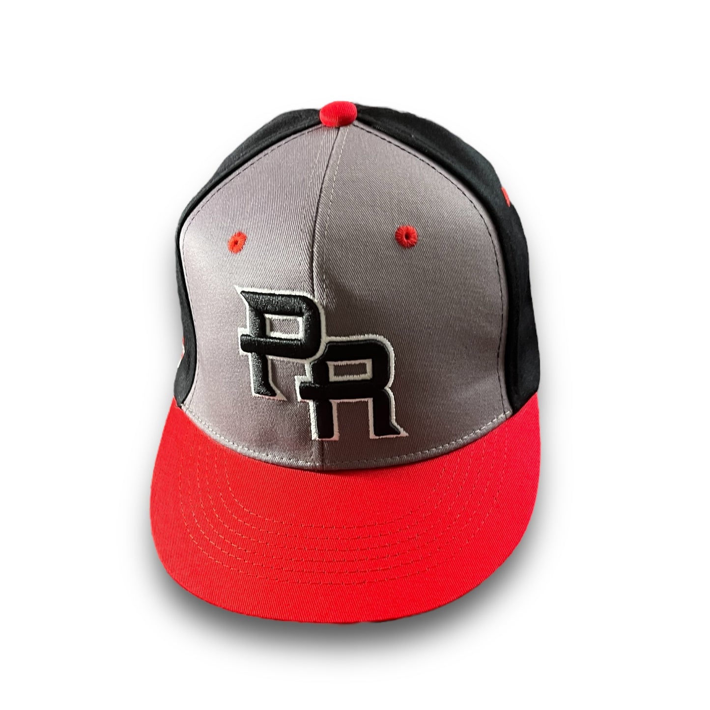 Gray and Black Cap with Red Visor, Crispy Black PR Logo, and Puerto Rico Flag