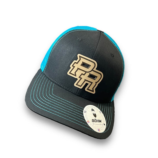 Neon Blue and Black Trucker Baseball Hat with Puerto Rico Leather Patch