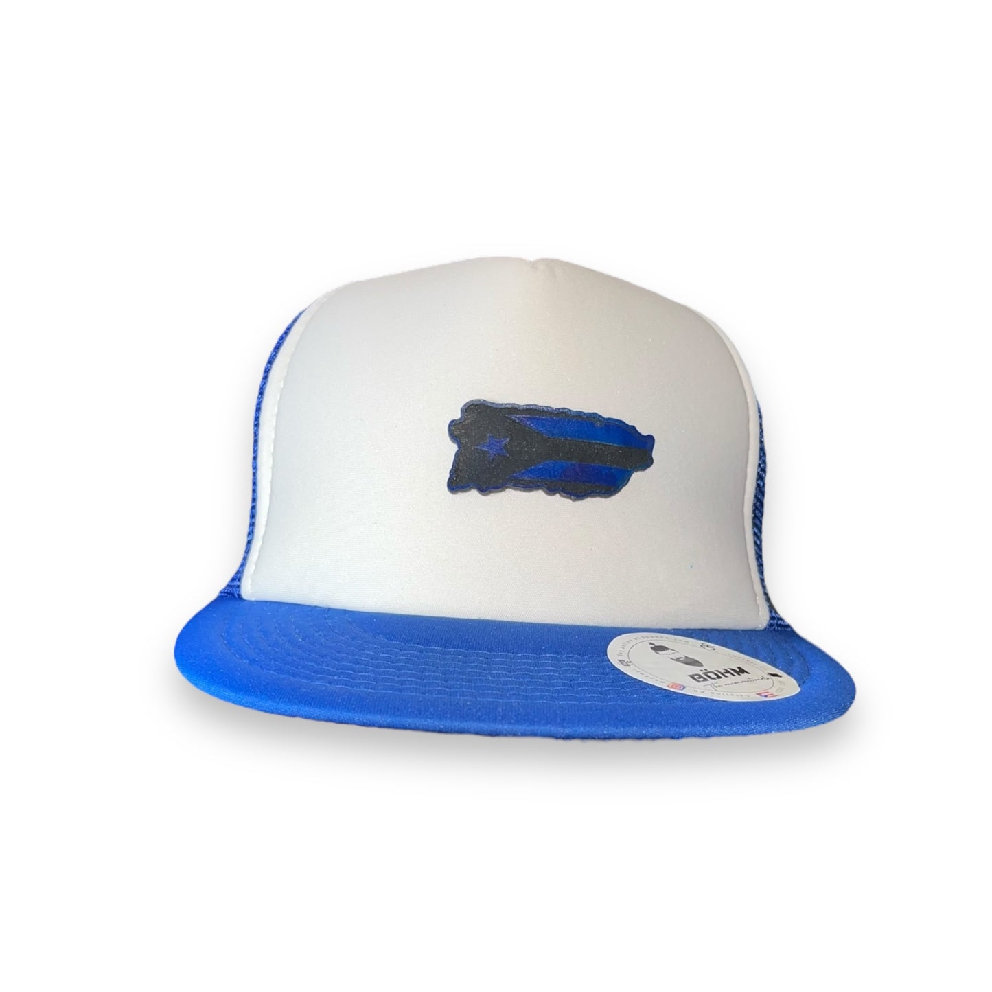 Blue and White Trucker Cap with Puerto Rico Island Shape and Flag Patch