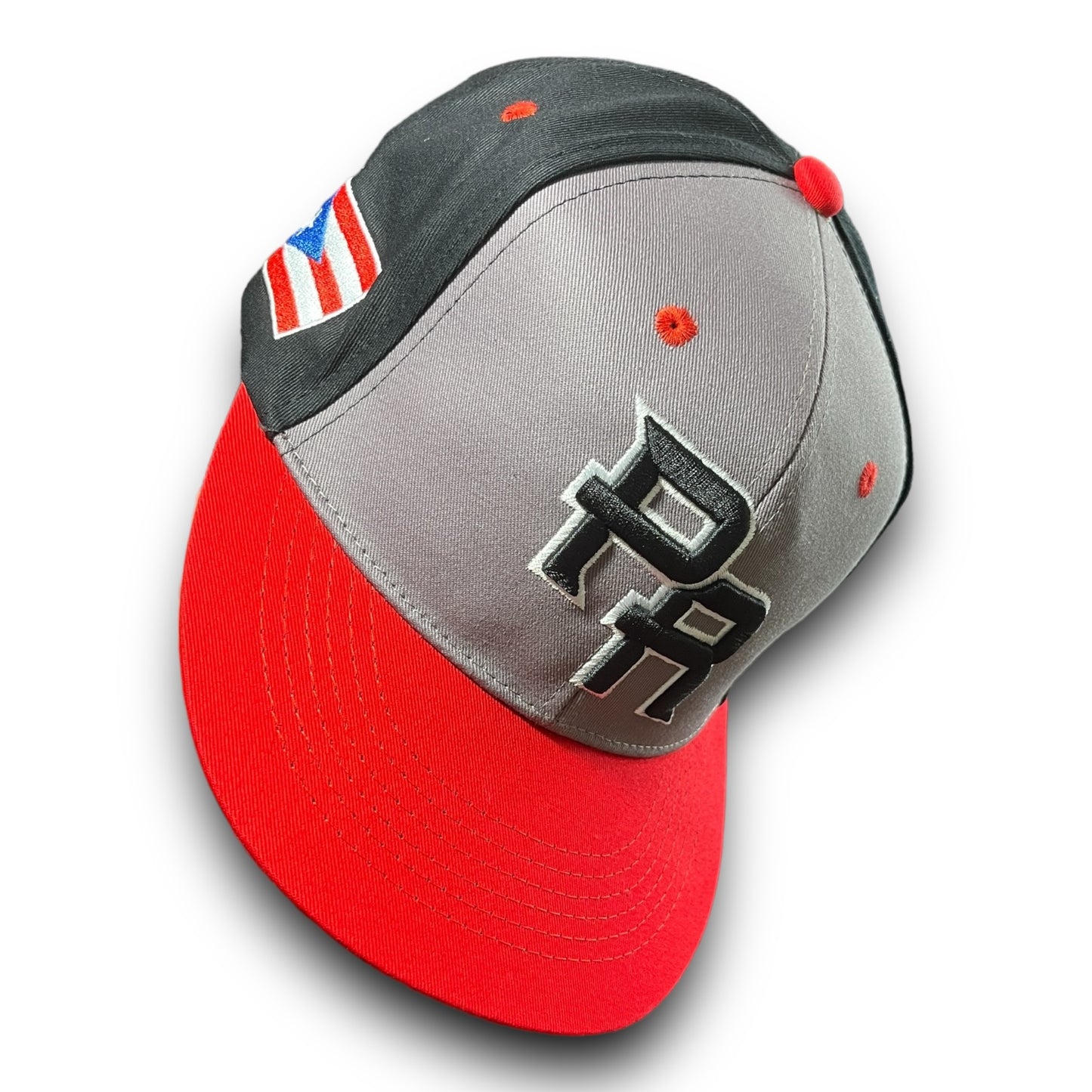 Gray and Black Cap with Red Visor, Crispy Black PR Logo, and Puerto Rico Flag