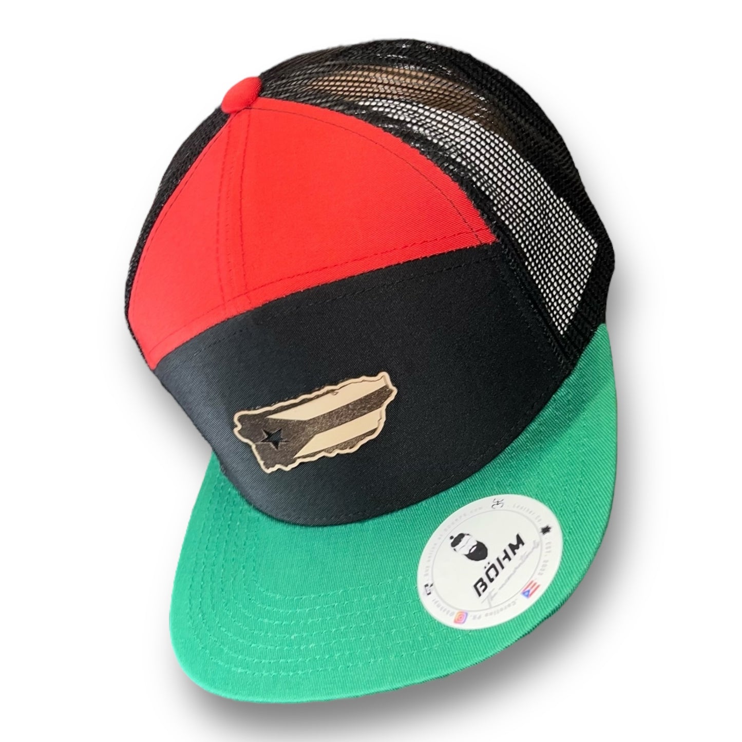 7 Panel Cap with Green Visor and Puerto Rico Island Shape Leather Patch