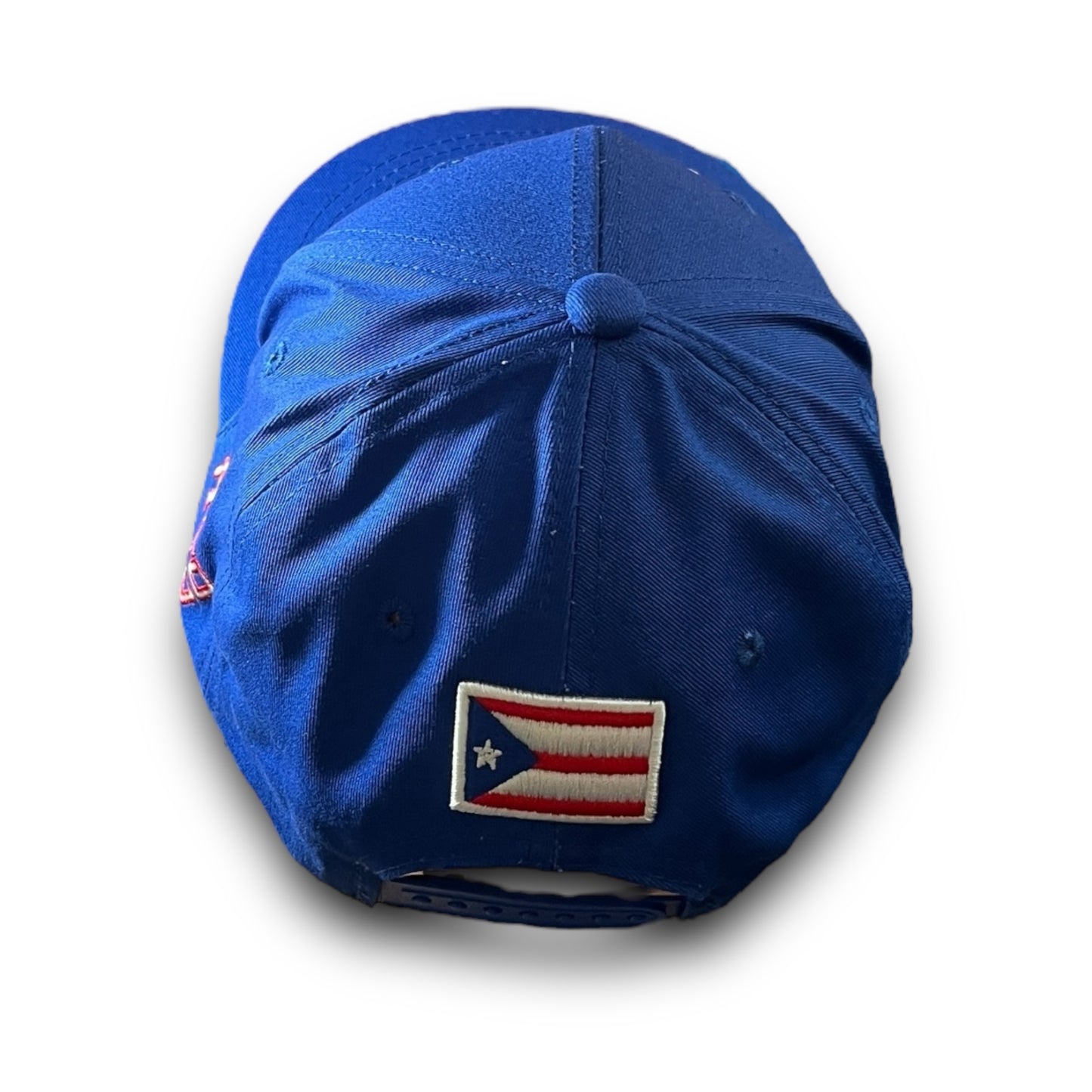 Blue Baseball Cap with Crispy White and Red PR Logo and Puerto Rico on the side Flag on Back