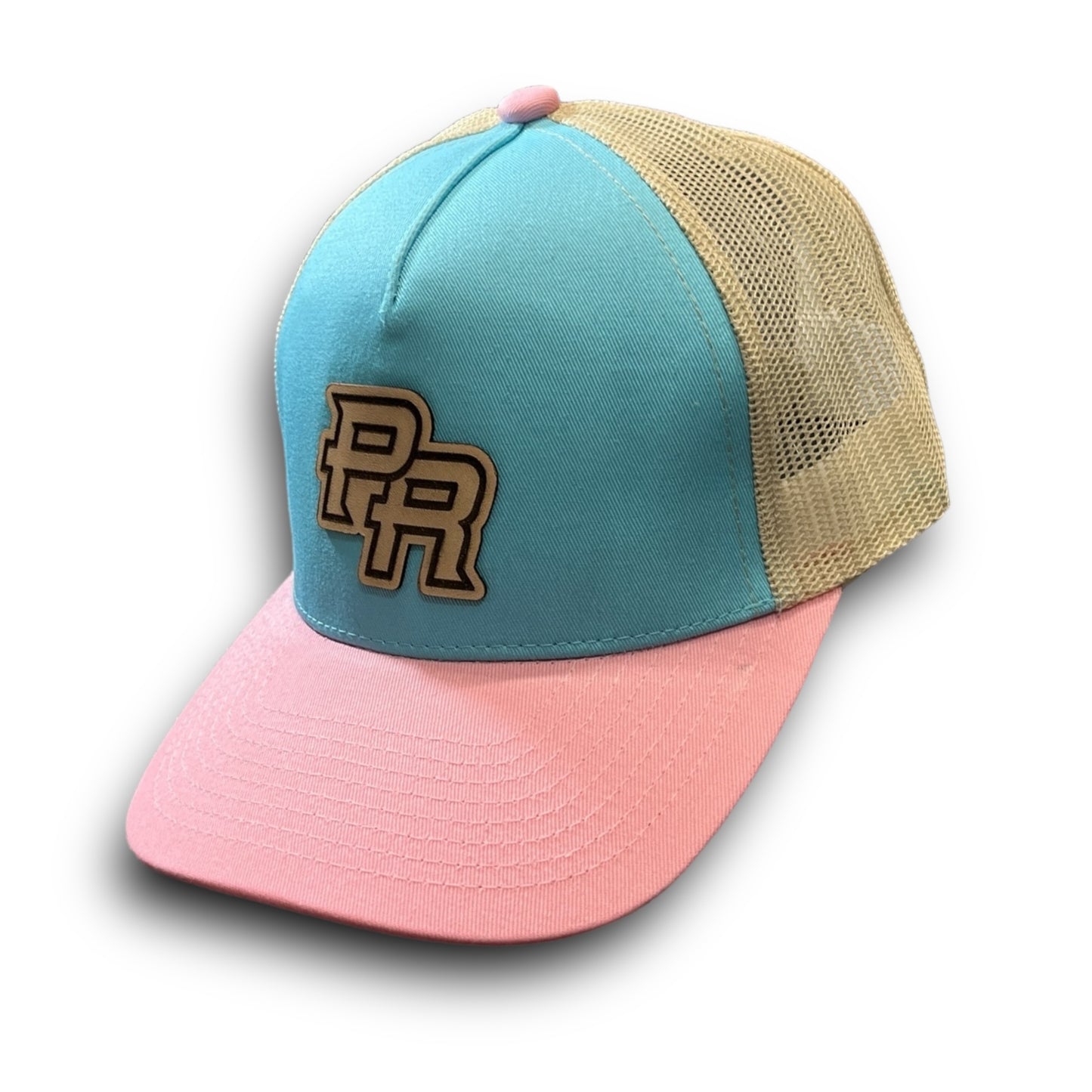 Baby Blue Cap with Beige Mesh and Pink Visor, PR Leather Patch Puerto Rico