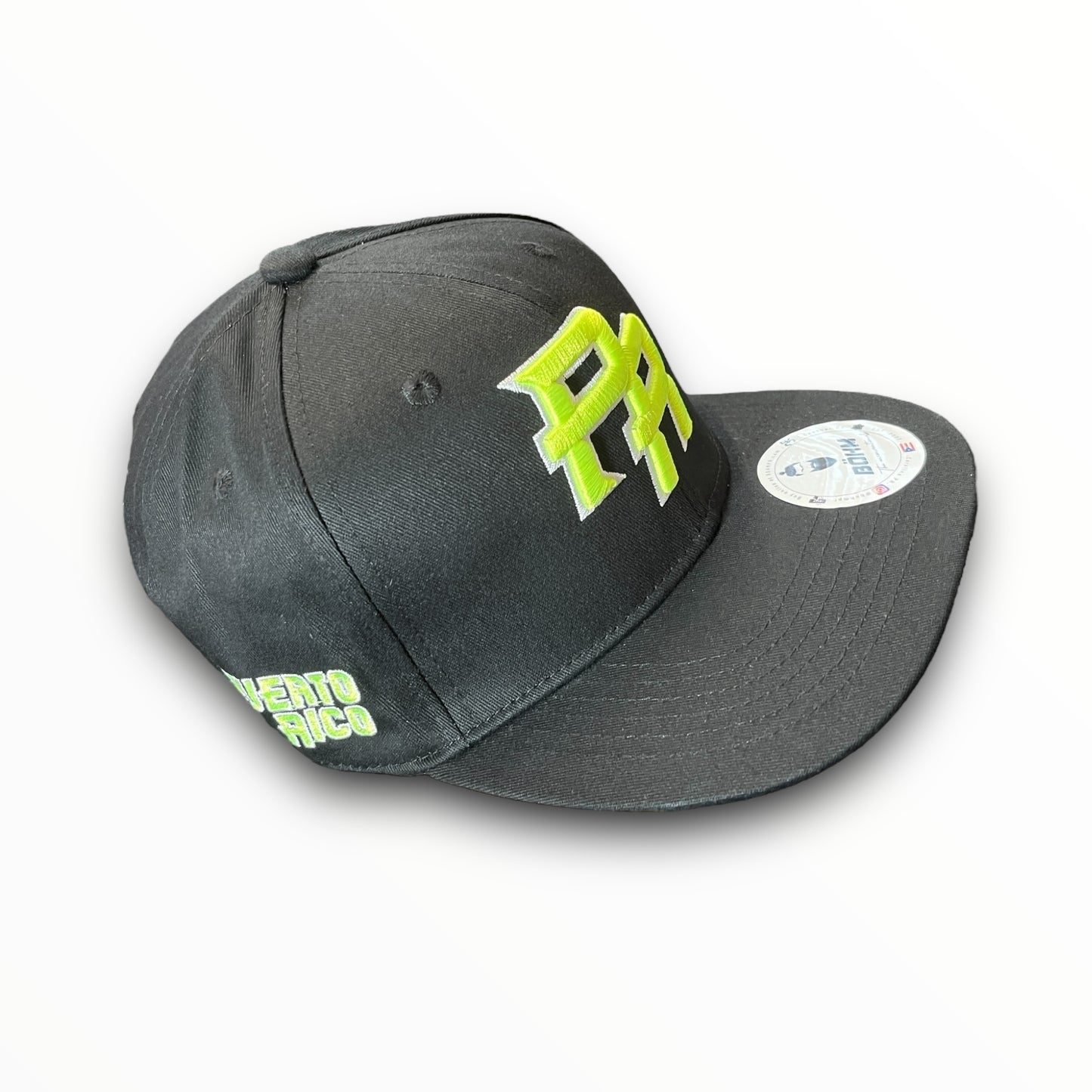 Neon Green Crispy PR Logo on Black Baseball Cap with Puerto Rican Flag on the Back