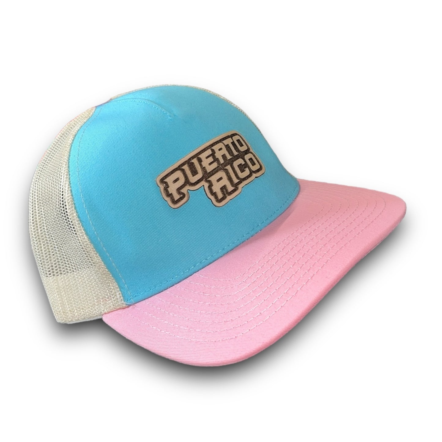 Baby Blue Cap with Beige Mesh and Pink Visor, PUERTO RICO Leather Patch