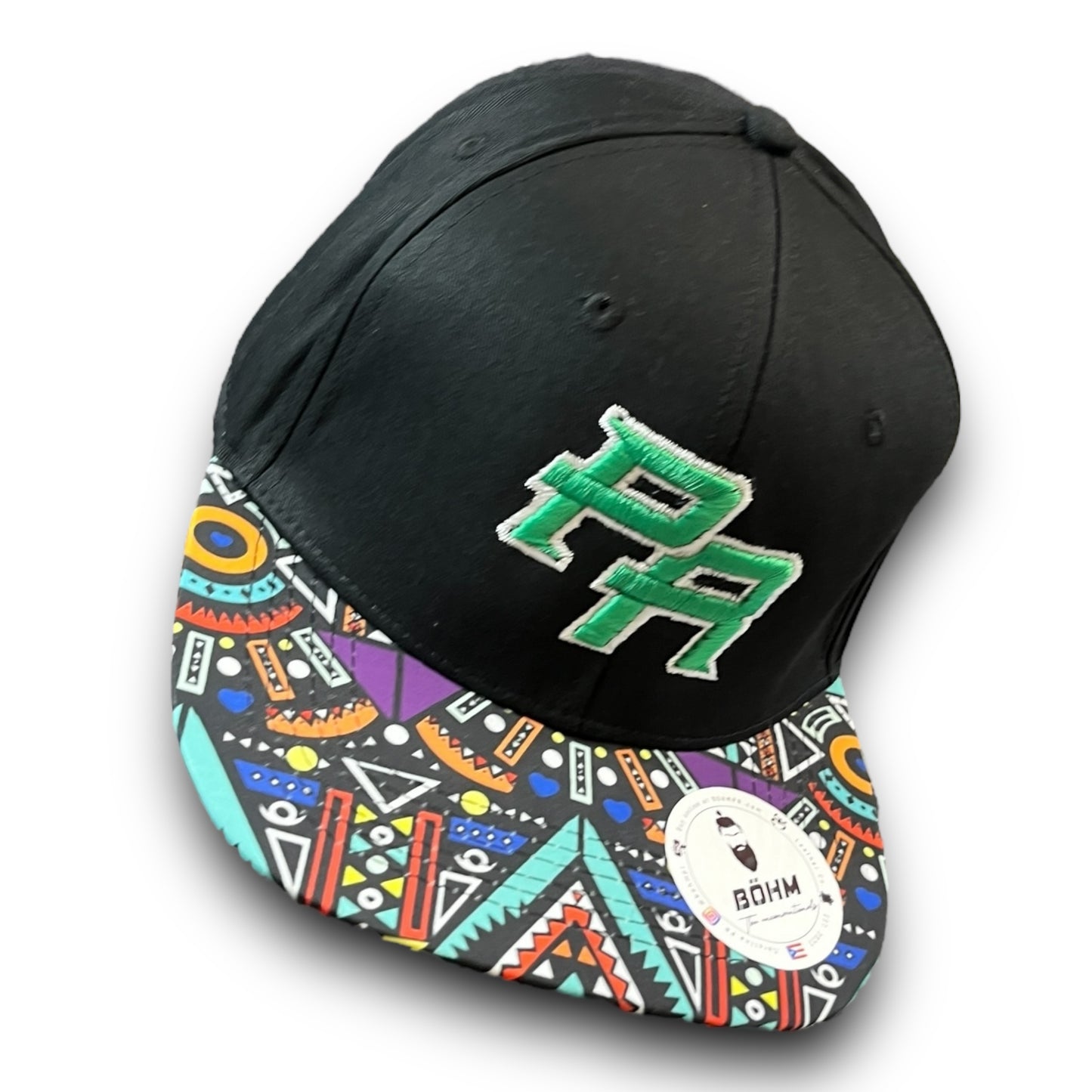 Green Crispy PR Logo on Black Cap with Colorful Geometric Pattern Visor, and Puerto Rico Flag