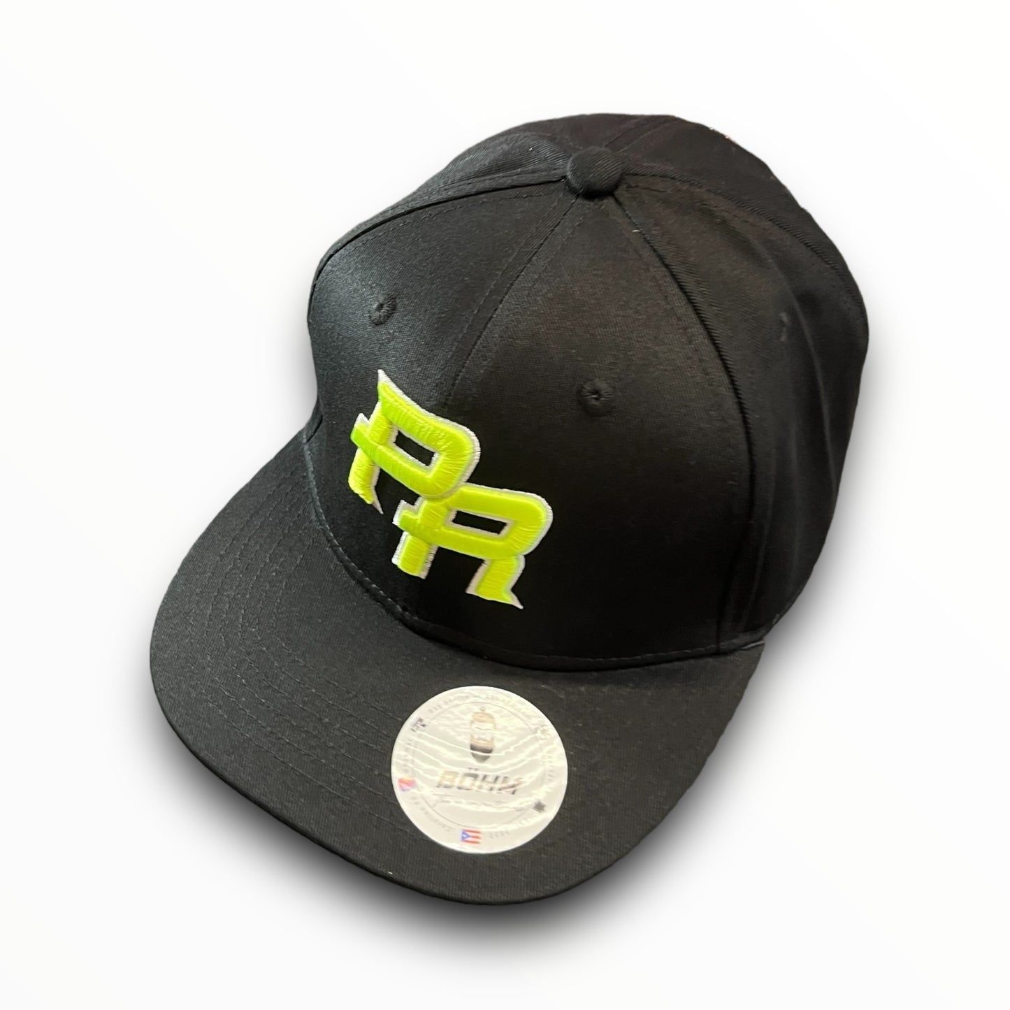 Neon Green Crispy PR Logo on Black Baseball Cap with Puerto Rican Flag on the Back