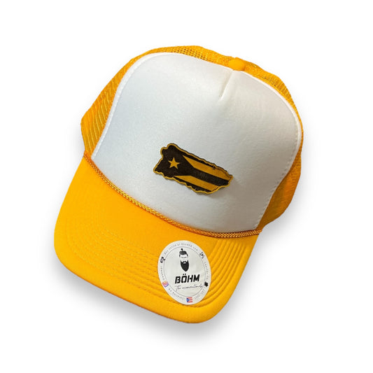 Yellow and White Trucker Cap with Puerto Rico Island Shape and Flag Patch