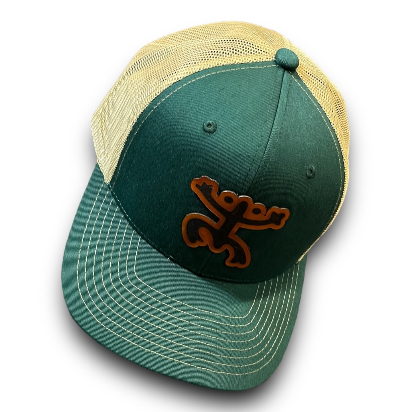 Dark Green Cap with Beige Mesh and Taino Coqui Leather Patch Puerto Rico