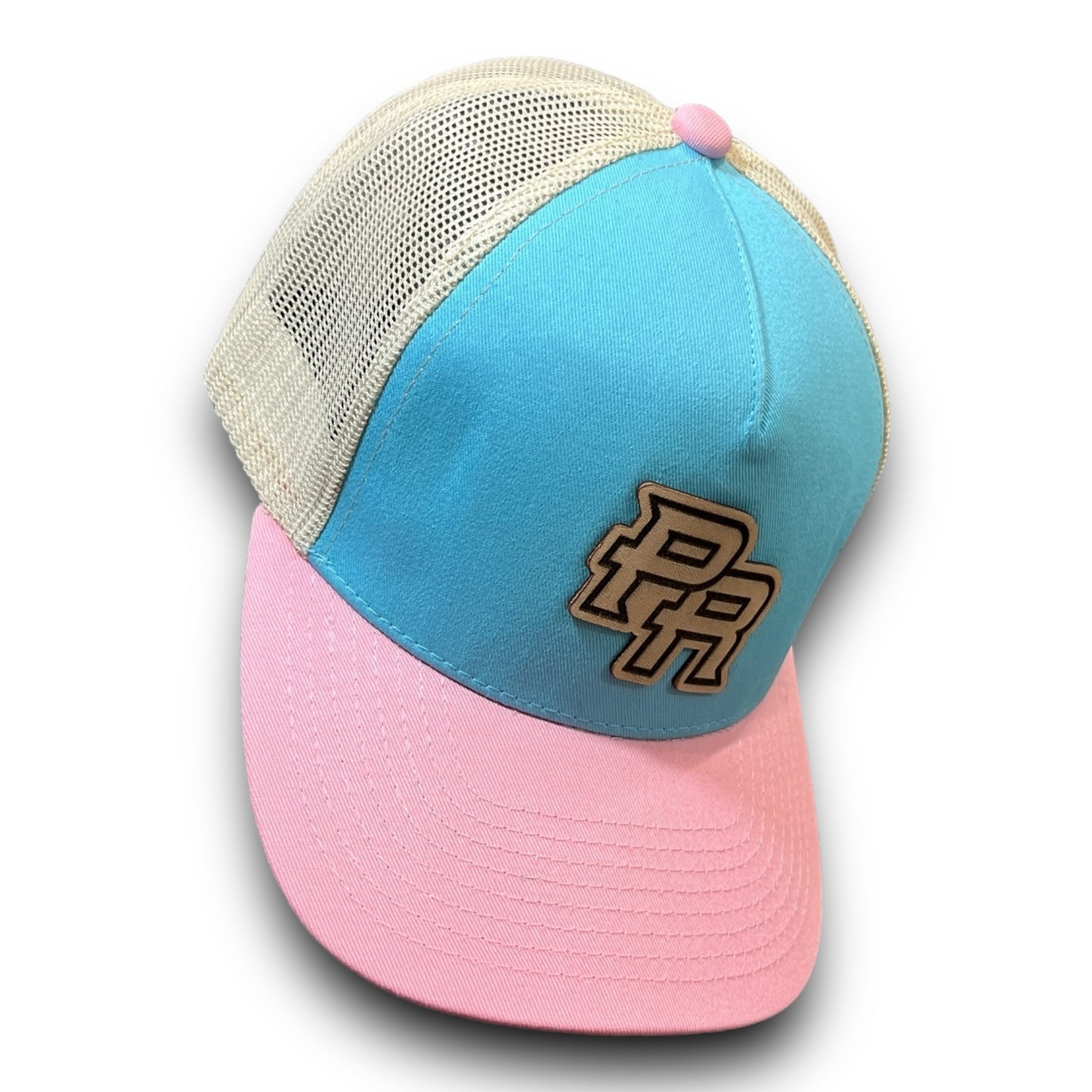 Baby Blue Cap with Beige Mesh and Pink Visor, PR Leather Patch Puerto Rico