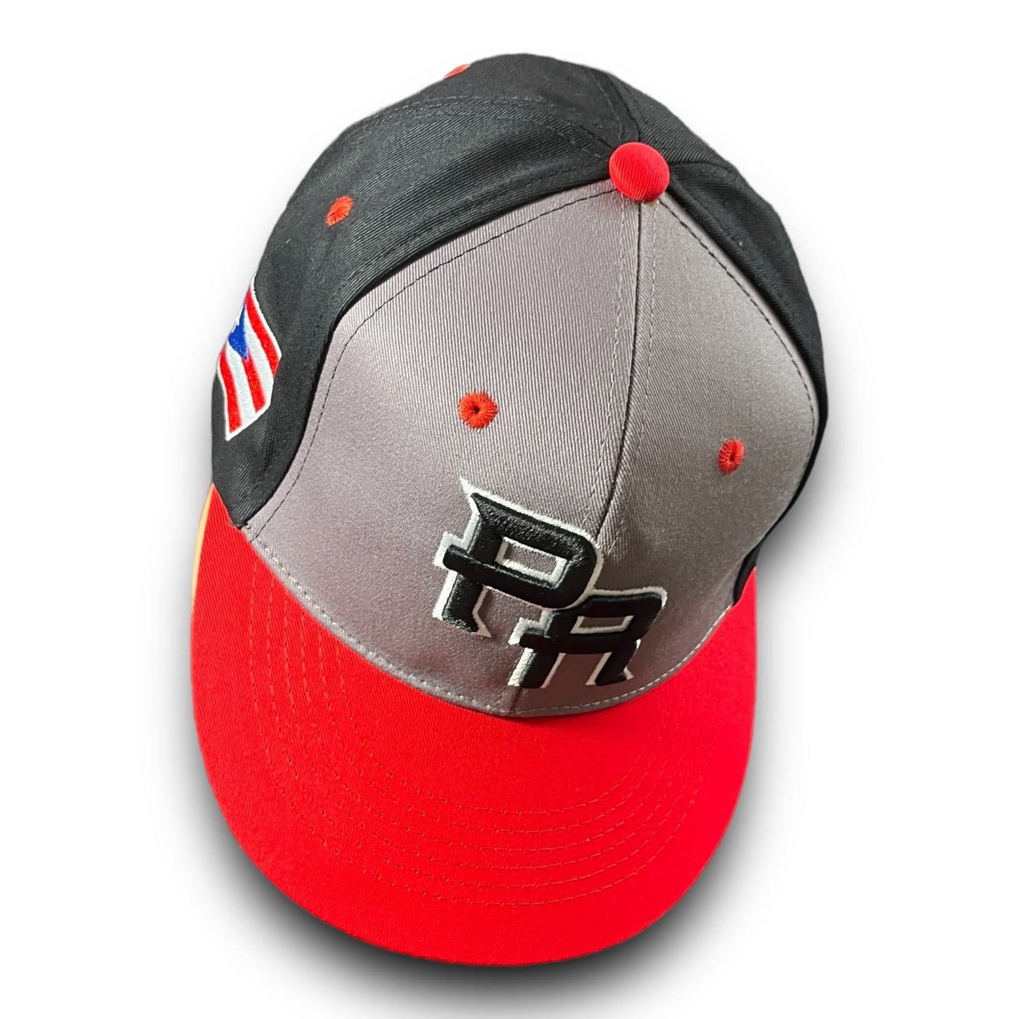 Gray and Black Cap with Red Visor, Crispy Black PR Logo, and Puerto Rico Flag