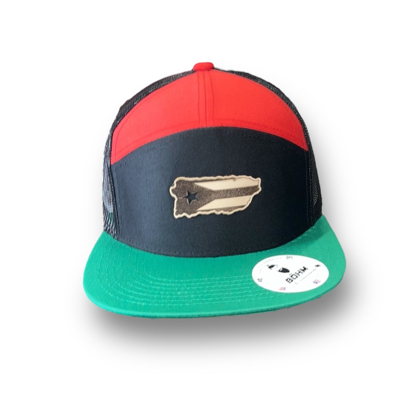 7 Panel Cap with Green Visor and Puerto Rico Island Shape Leather Patch