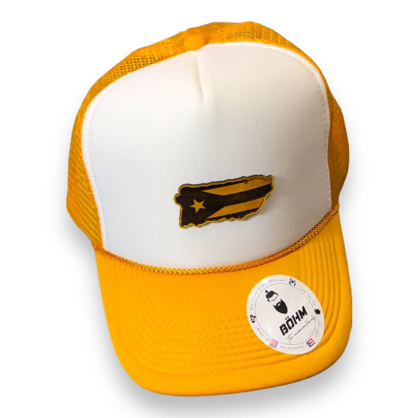 Yellow and White Trucker Cap with Puerto Rico Island Shape and Flag Patch