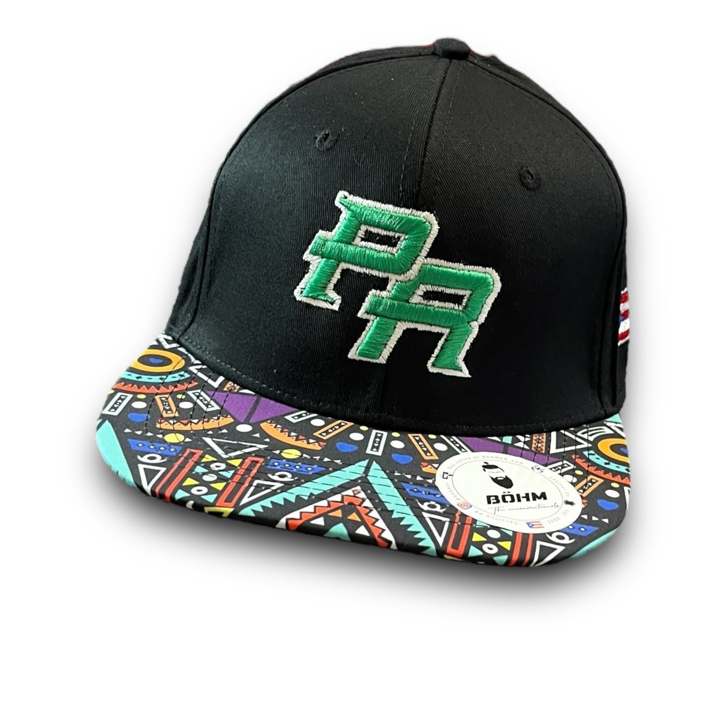 Green Crispy PR Logo on Black Cap with Colorful Geometric Pattern Visor, and Puerto Rico Flag