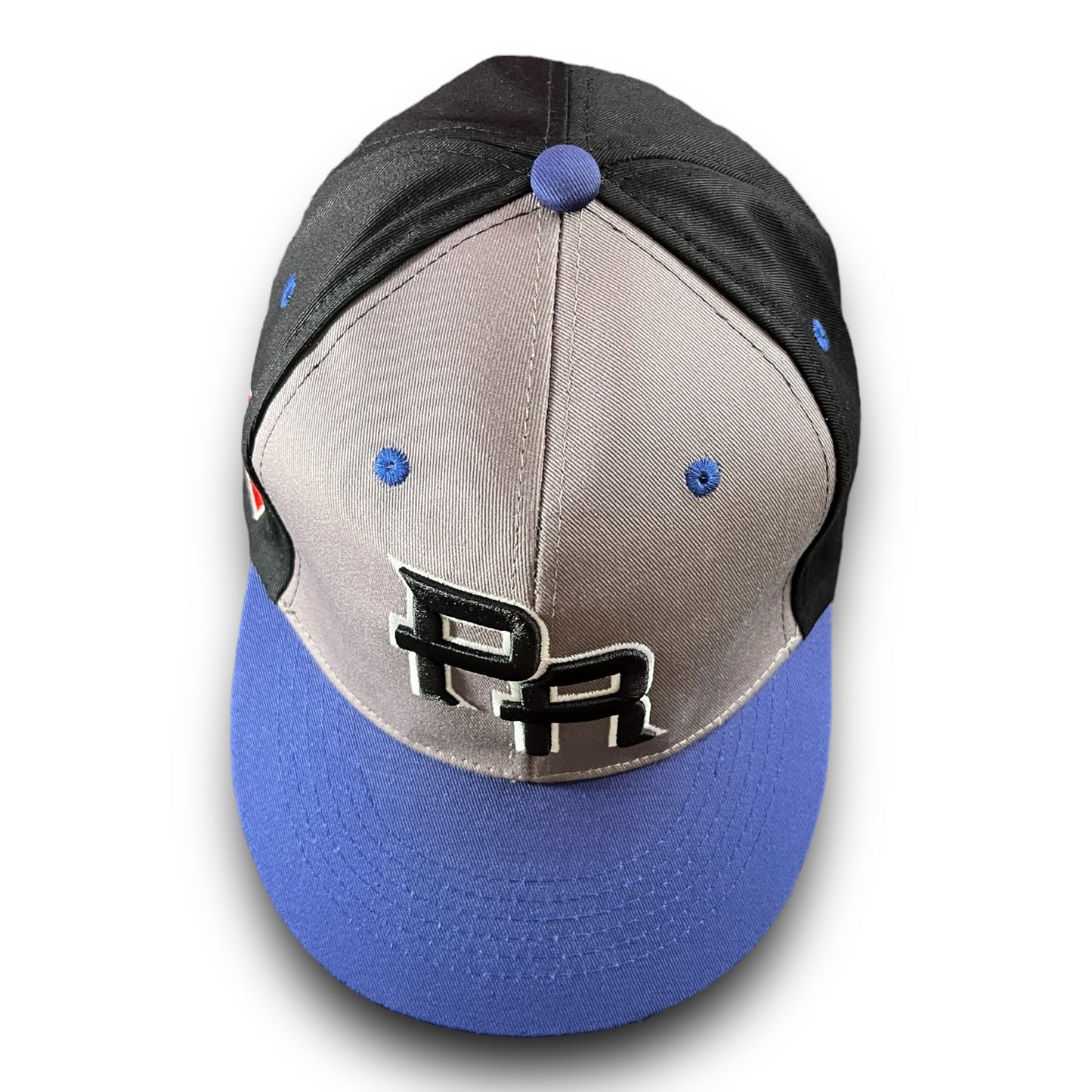 Gray and Black Cap with Blue Visor, PR Logo, and Colorful Puerto Rico Flag