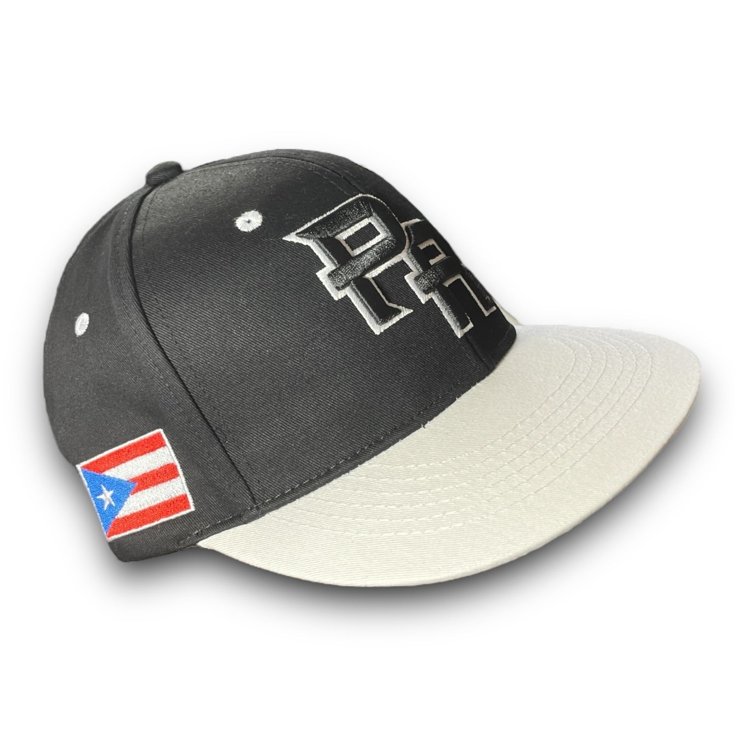 Black Cap with White Visor, Crispy Black PR Logo, and Puerto Rican Flag