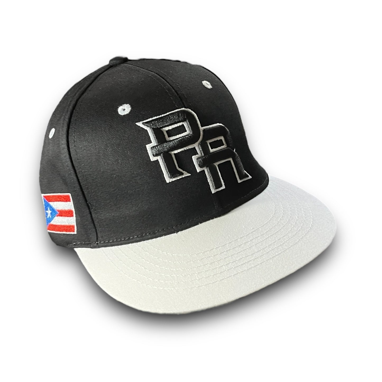 Black Cap with White Visor, Crispy Black PR Logo, and Puerto Rican Flag