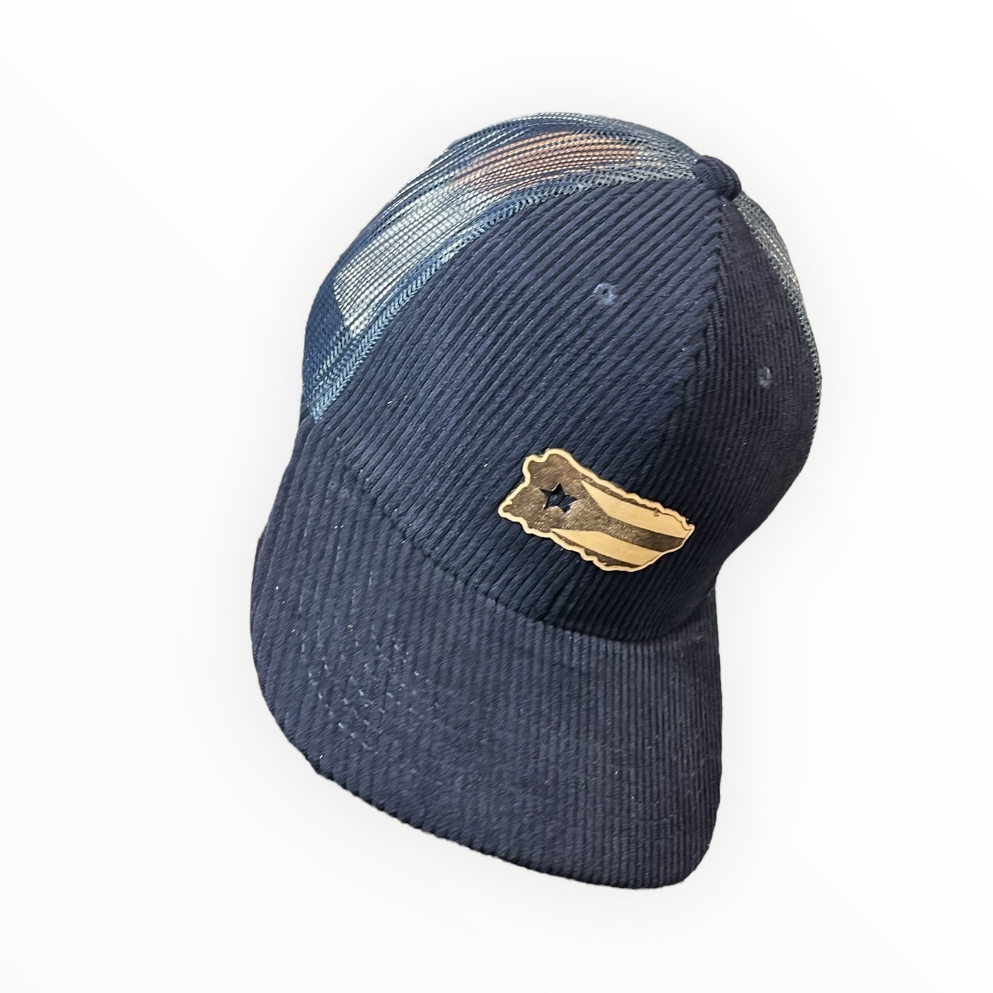 Navy Blue Corduroy and Mesh Cap with Puerto Rico Island Flag Leather Patch