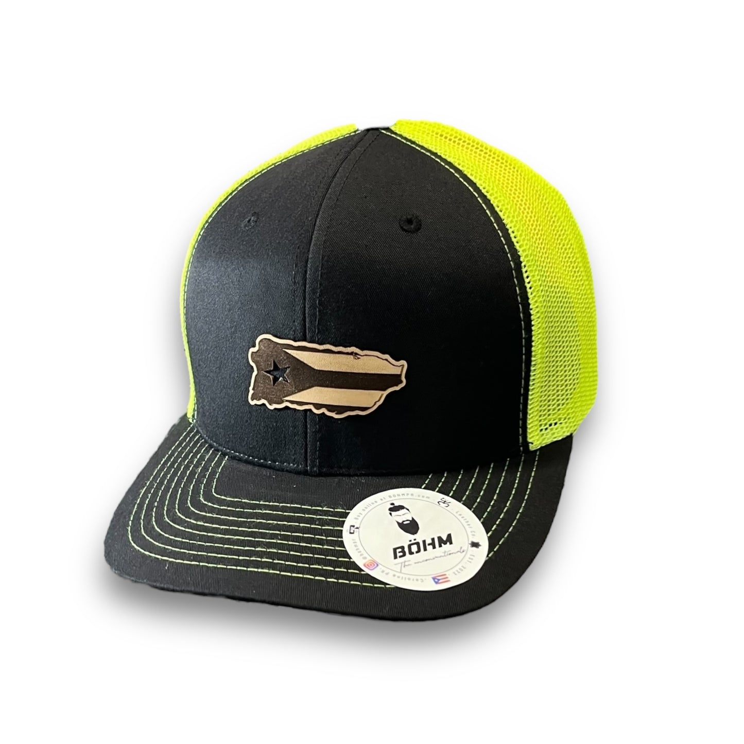 Black and Neon Yellow Trucker Baseball Hat with Puerto Rico Island Flag Patch