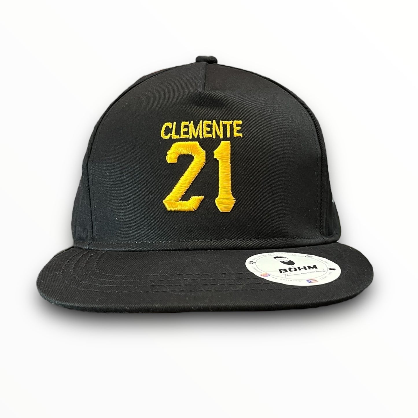 Yellow Crispy Clemente 21 Logo on Black Baseball Cap with Puerto Rican Flag on the Side