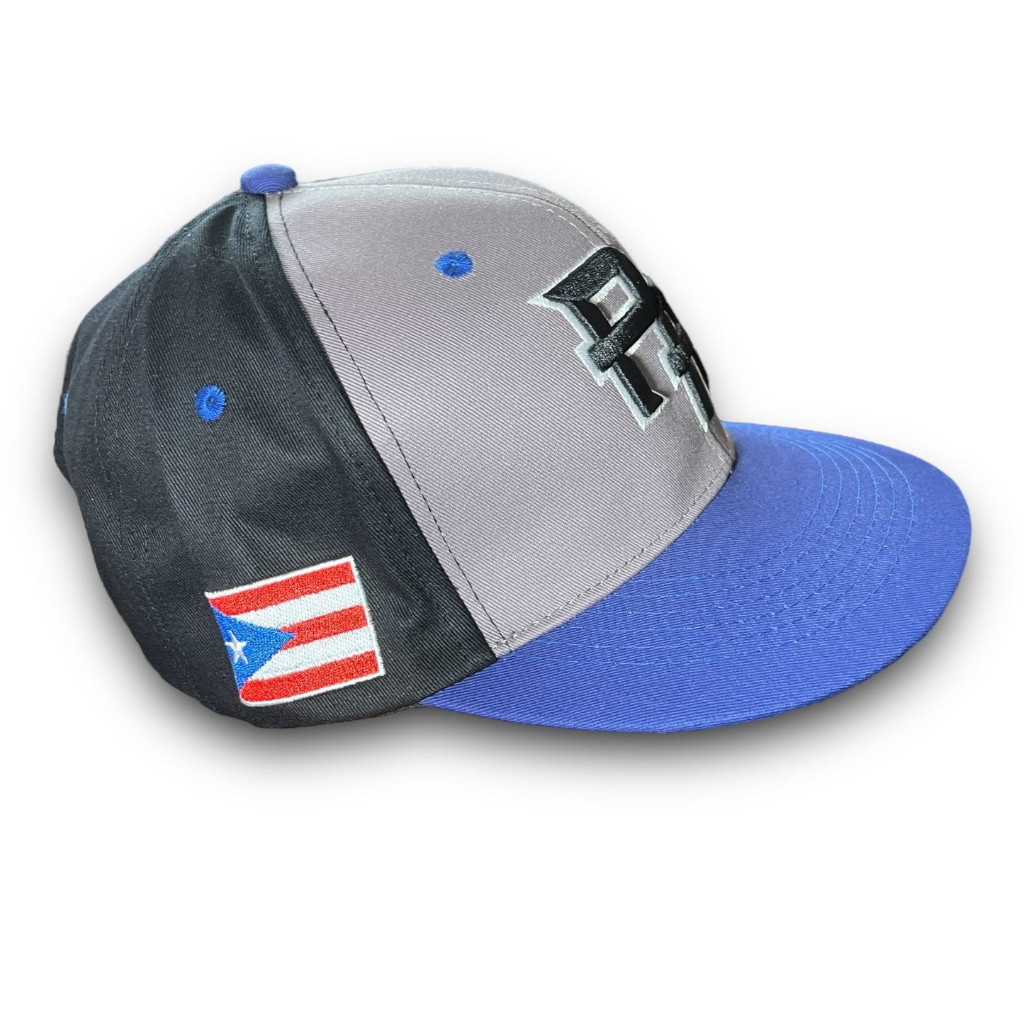 Gray and Black Cap with Blue Visor, PR Logo, and Colorful Puerto Rico Flag